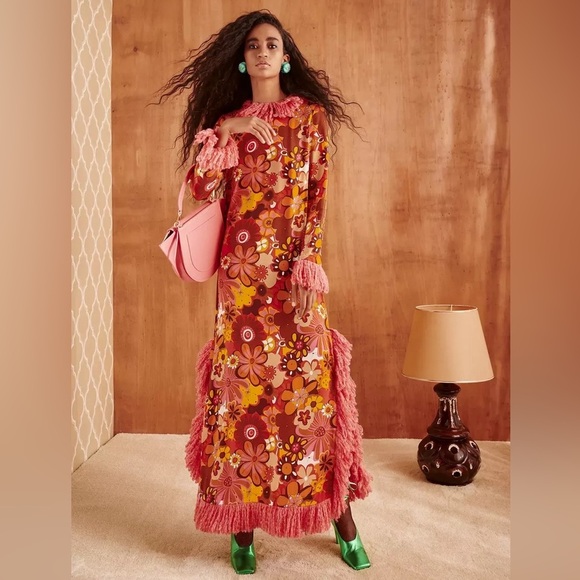 NWT CeliaB Gongga Orange Floral Fringe Trim Long Sleeve Maxi Dress Sz M RARE - Picture 11 of 16